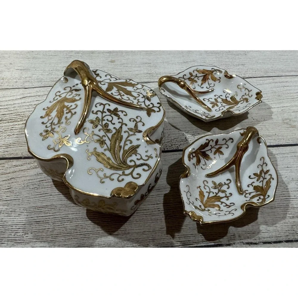 Vintage Lenwile ARDALT Gold Leaf Porcelain Lidded Trinket Dish & 2 Trays RETRO